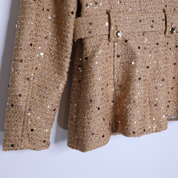 ZARA NWT Sequin Belt Blazer Camel Tweed Round Neck Long Sleeve Women's XS - Picture 8 of 13